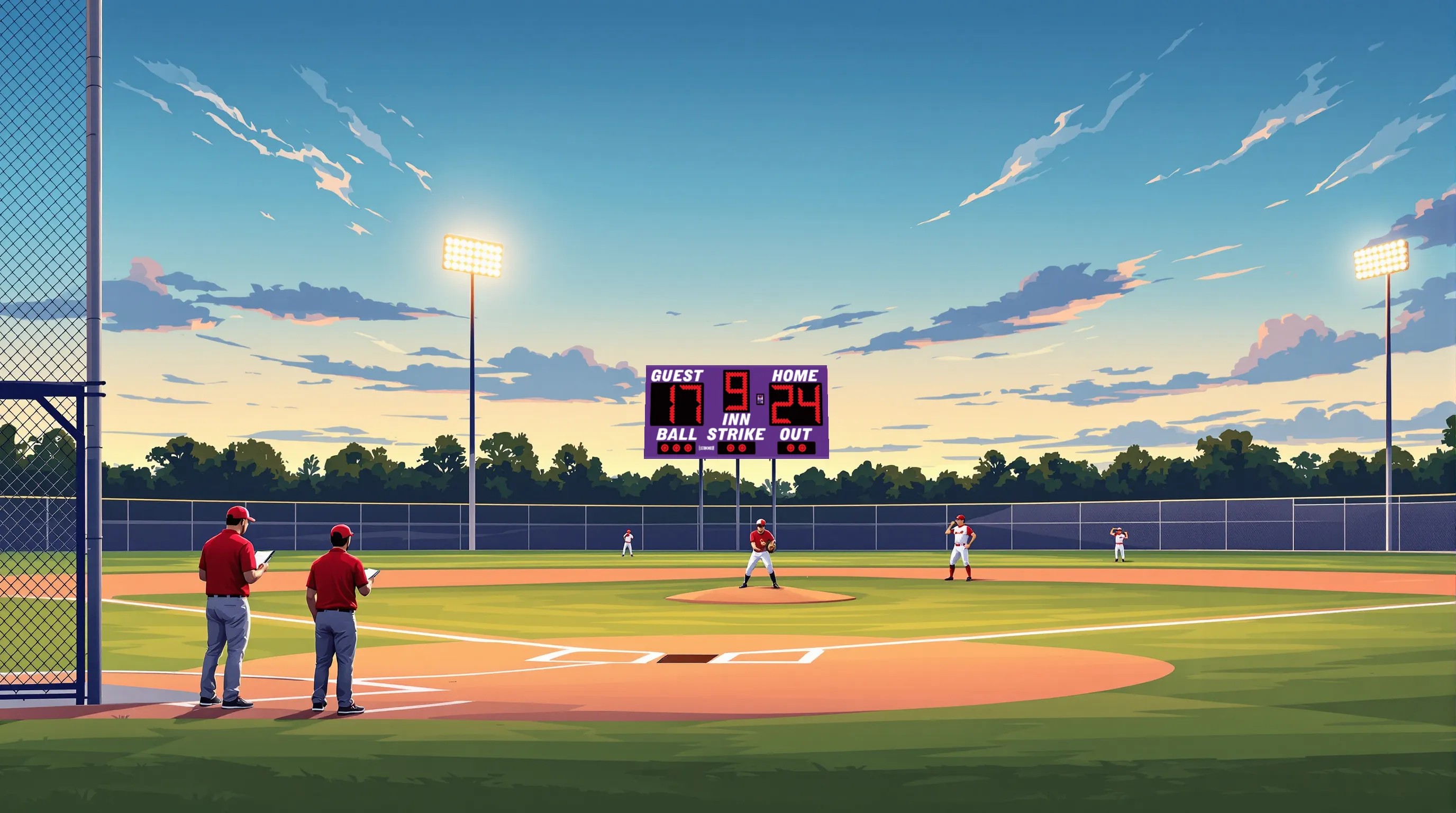 A high school baseball field in Jacksonville, Florida at dusk, with a coach reviewing a clipboard near the dugout and a small scoreboard visible on two steel poles in the far background beyond the left-field fence