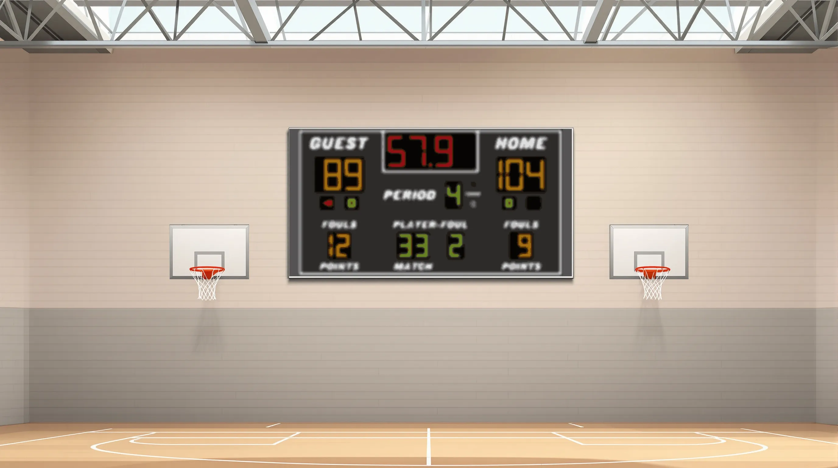 Flat vector editorial illustration of a school gymnasium in Louisiana with an Electro-Mech scoreboard mounted high on the far wall above the court