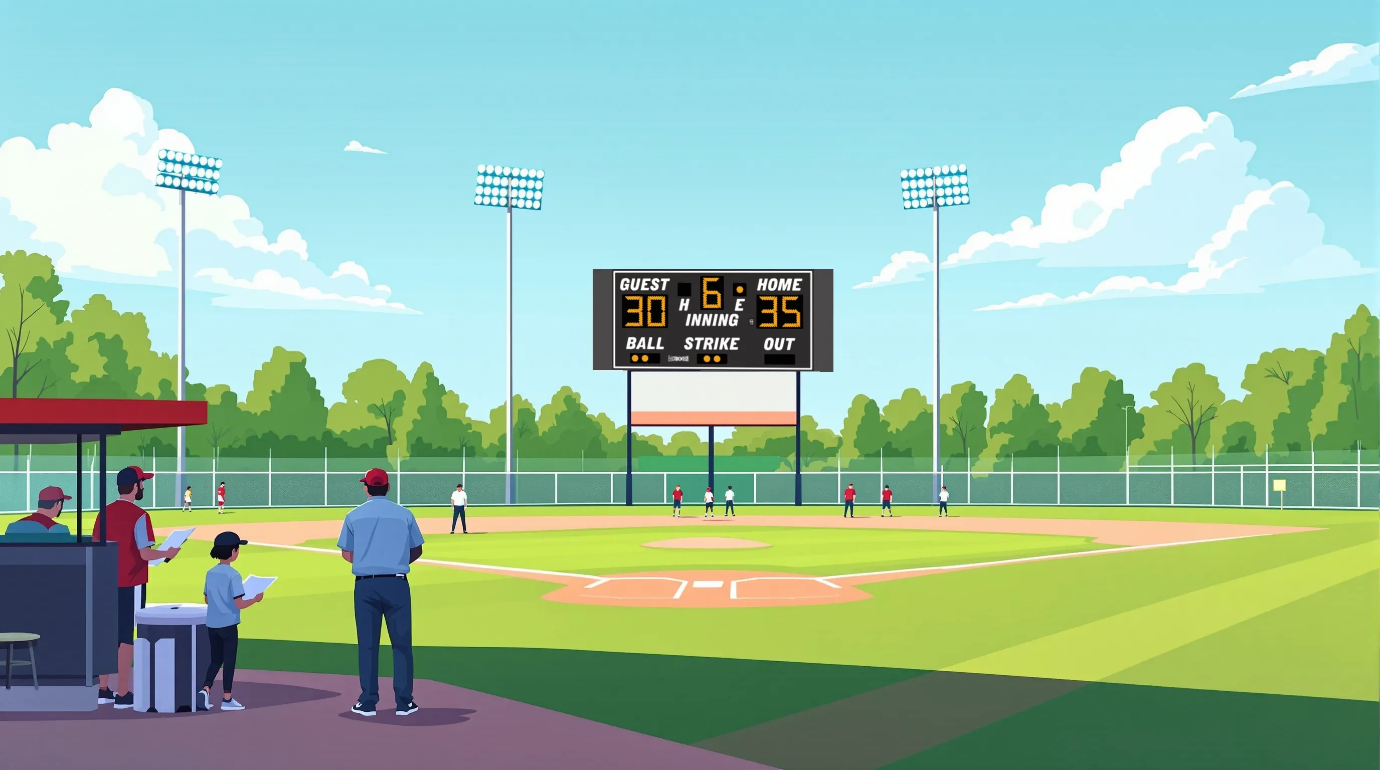 Flat 2D vector illustration of a North Carolina high school baseball diamond with coaches, outfield players, and a forest green scoreboard on two poles beyond the fence