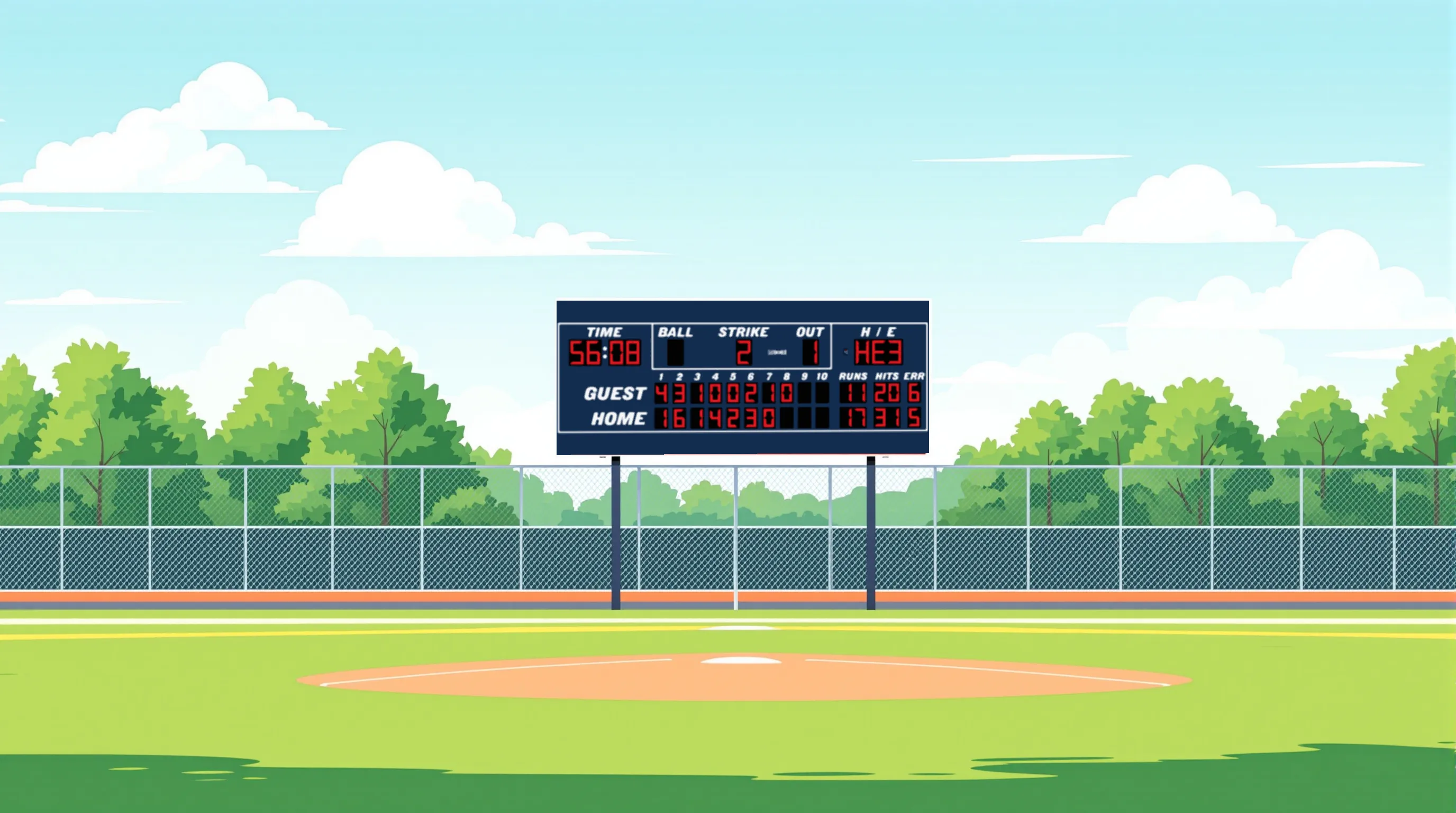 Community baseball field with a compact LED scoreboard on steel poles behind the outfield fence