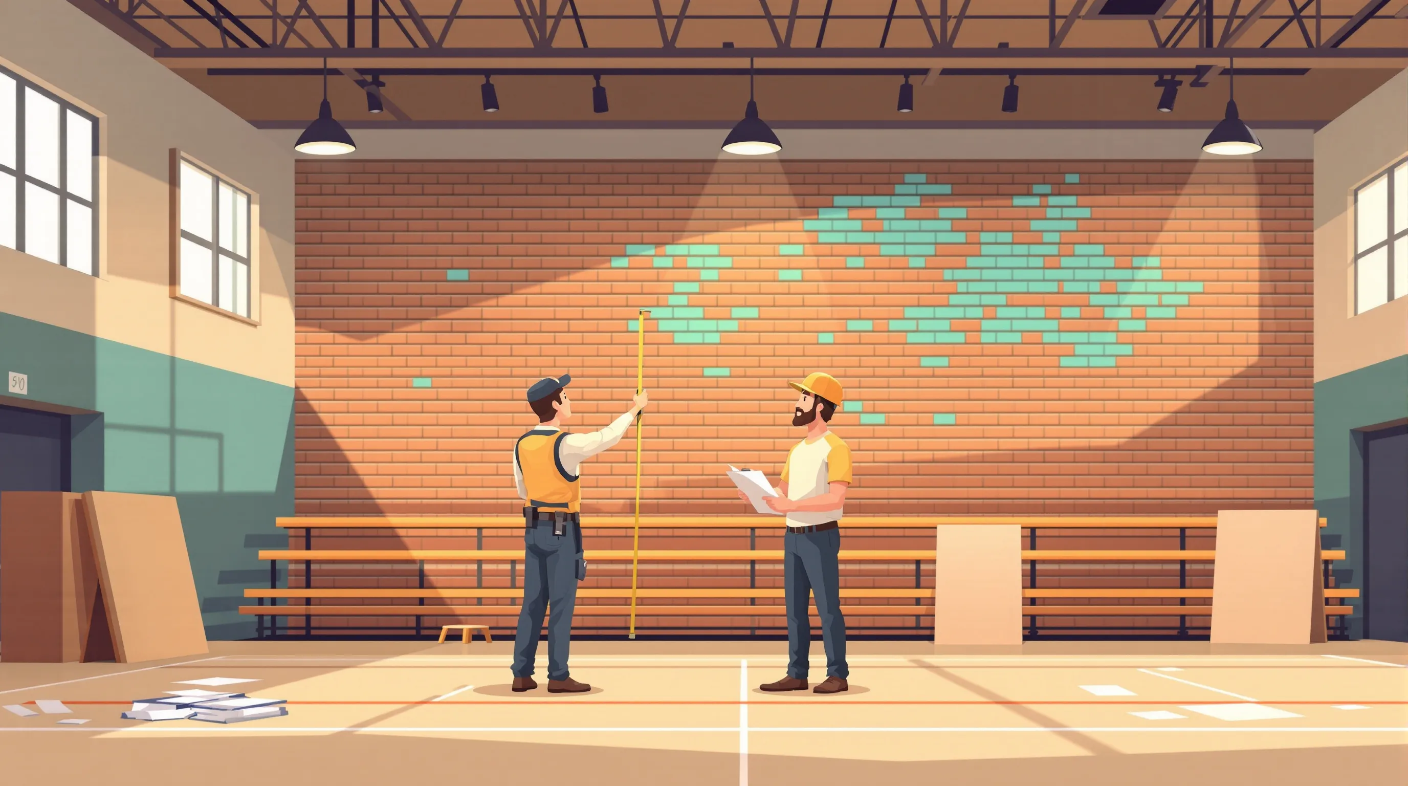 Athletic director and installer examining a gymnasium wall for scoreboard mounting