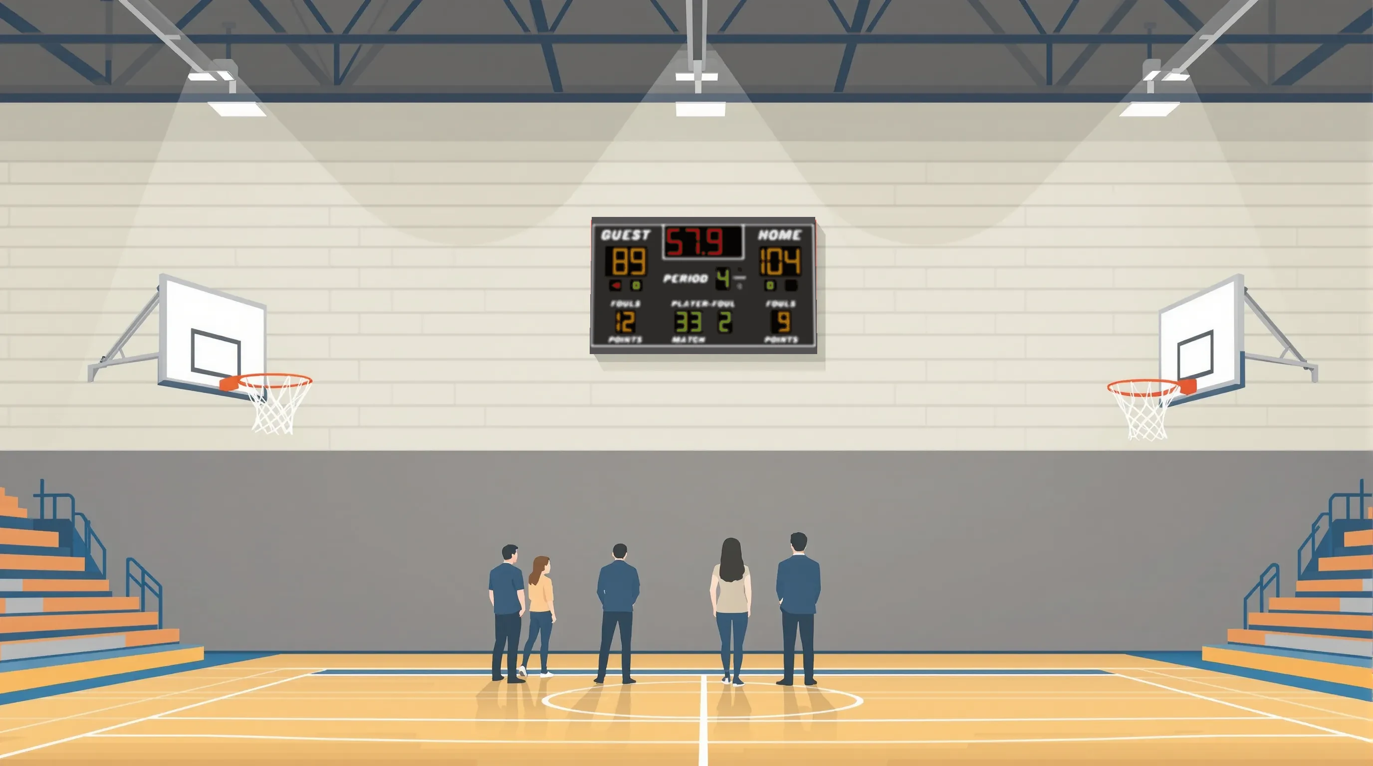 Illustration of a gymnasium interior with an indoor basketball scoreboard mounted on the far wall and three adults near the scorer's table
