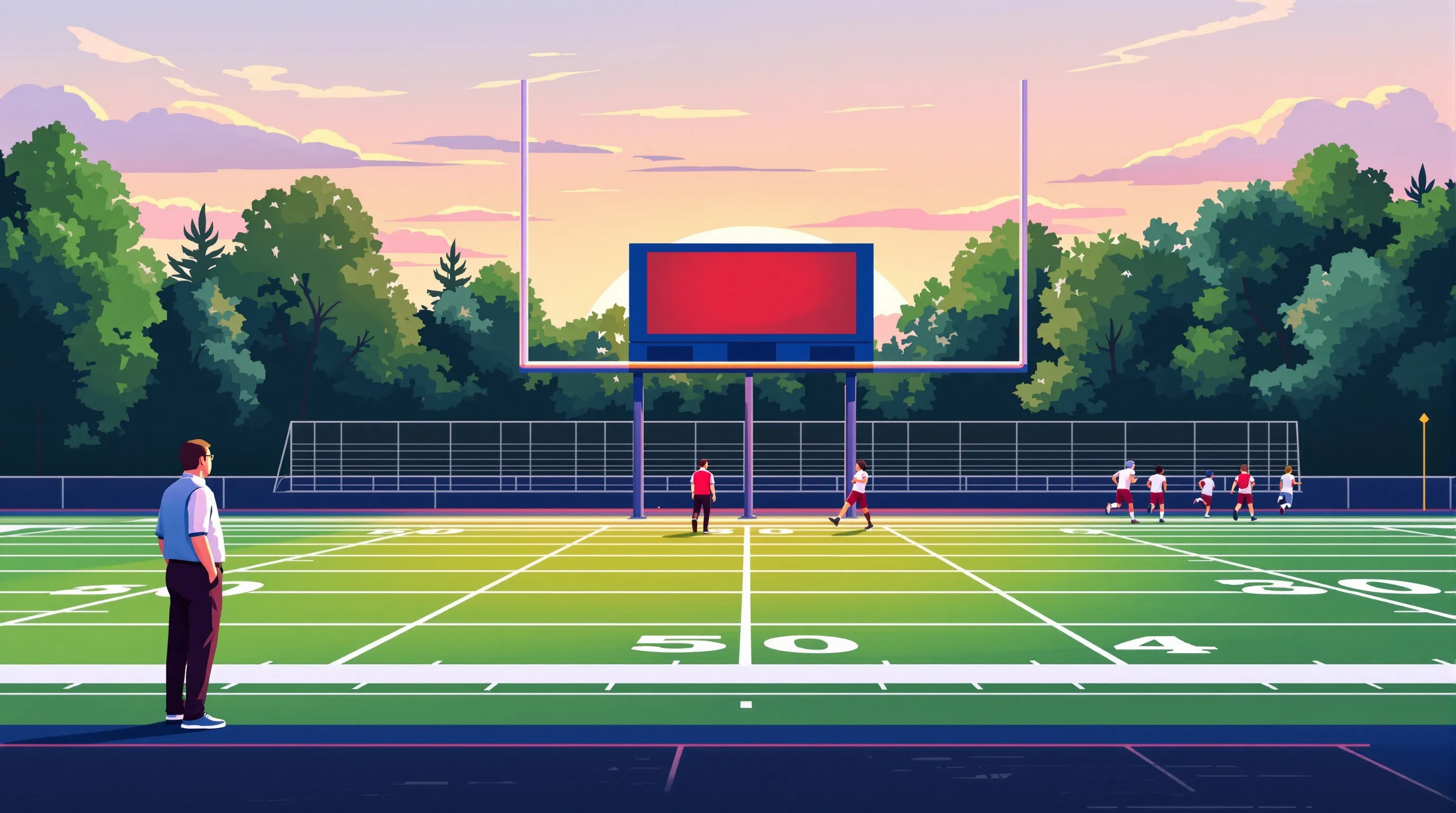 Athletic director and coach on a Georgia high school football sideline with an Electro-Mech scoreboard on two steel posts in the background, flat 2D editorial vector illustration