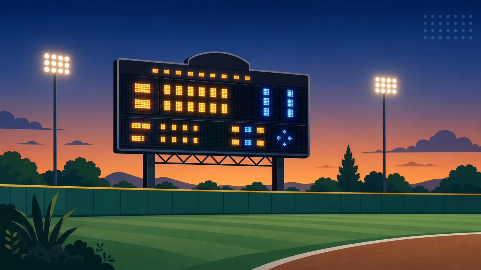 LED baseball scoreboard mounted above an outfield fence at a community baseball park at dusk, displaying game statistics in bright LED digits