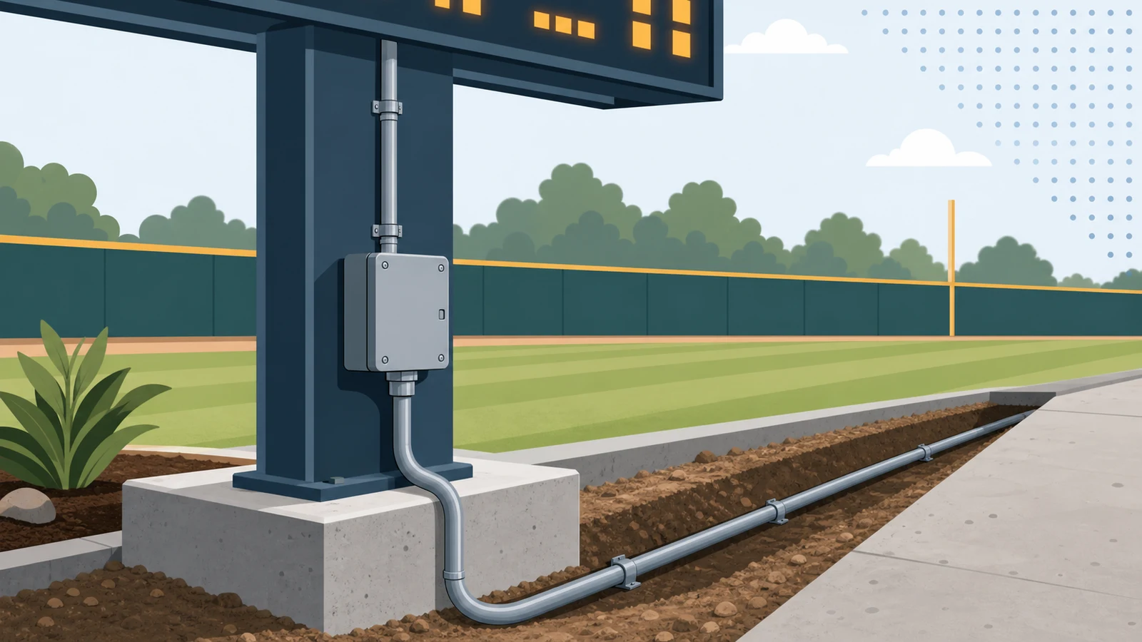 Electrical conduit installation at a baseball scoreboard foundation pad, showing the dedicated circuit and conduit routing that adds 25-40% to total LED scoreboard installation cost.