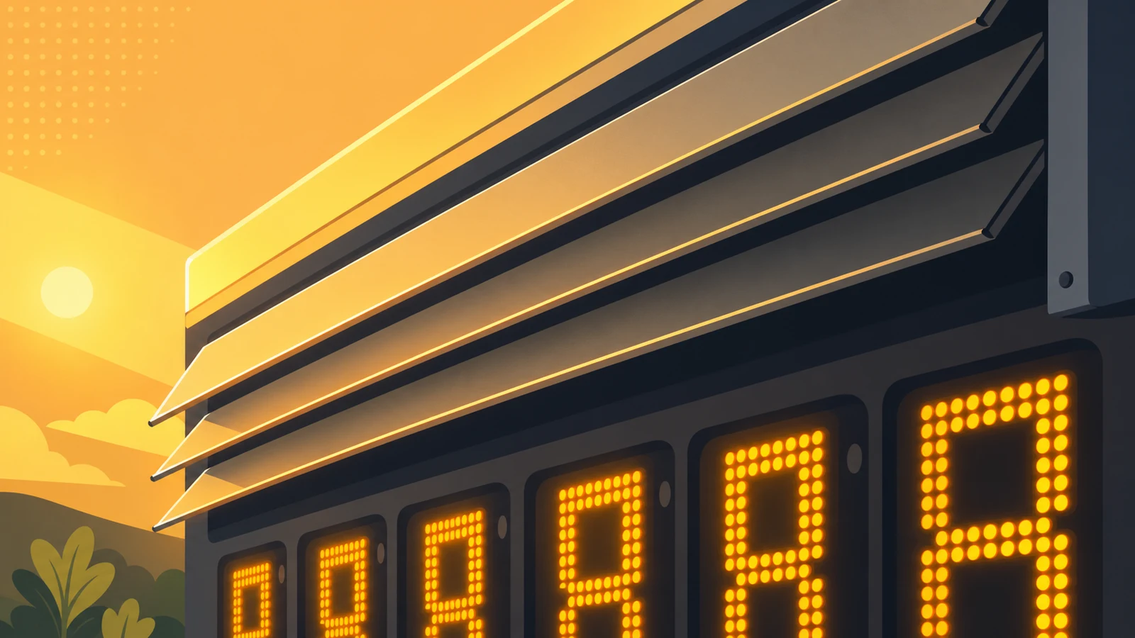 Close-up of louvered aluminum anti-glare hooding mounted over amber LED digit panels on an outdoor baseball scoreboard