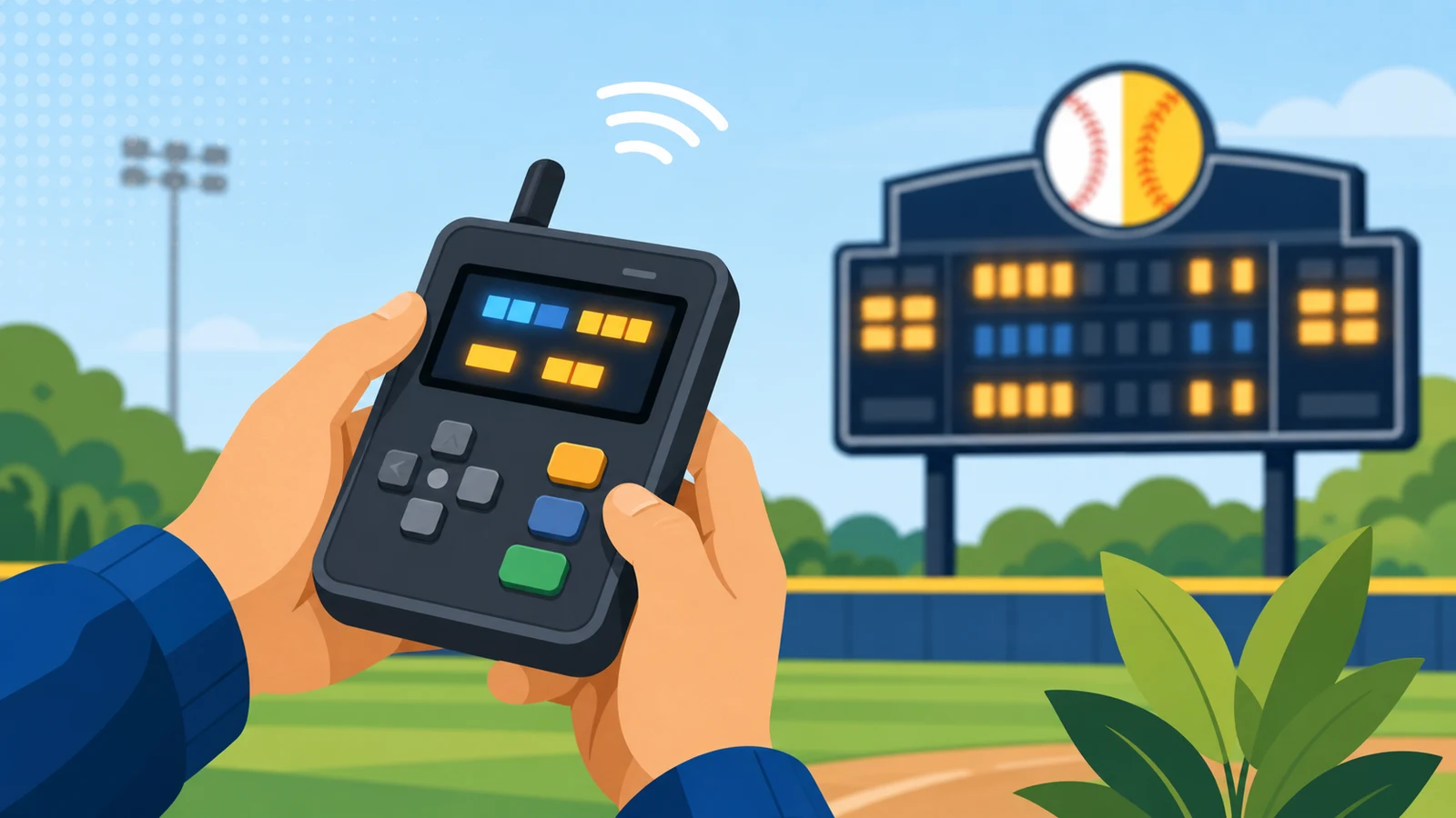 Wireless handheld controller used to operate a combined baseball and softball scoreboard from the field