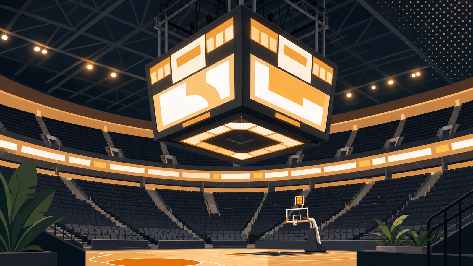 Four-sided center-hung LED scoreboard suspended over a multi-court arena