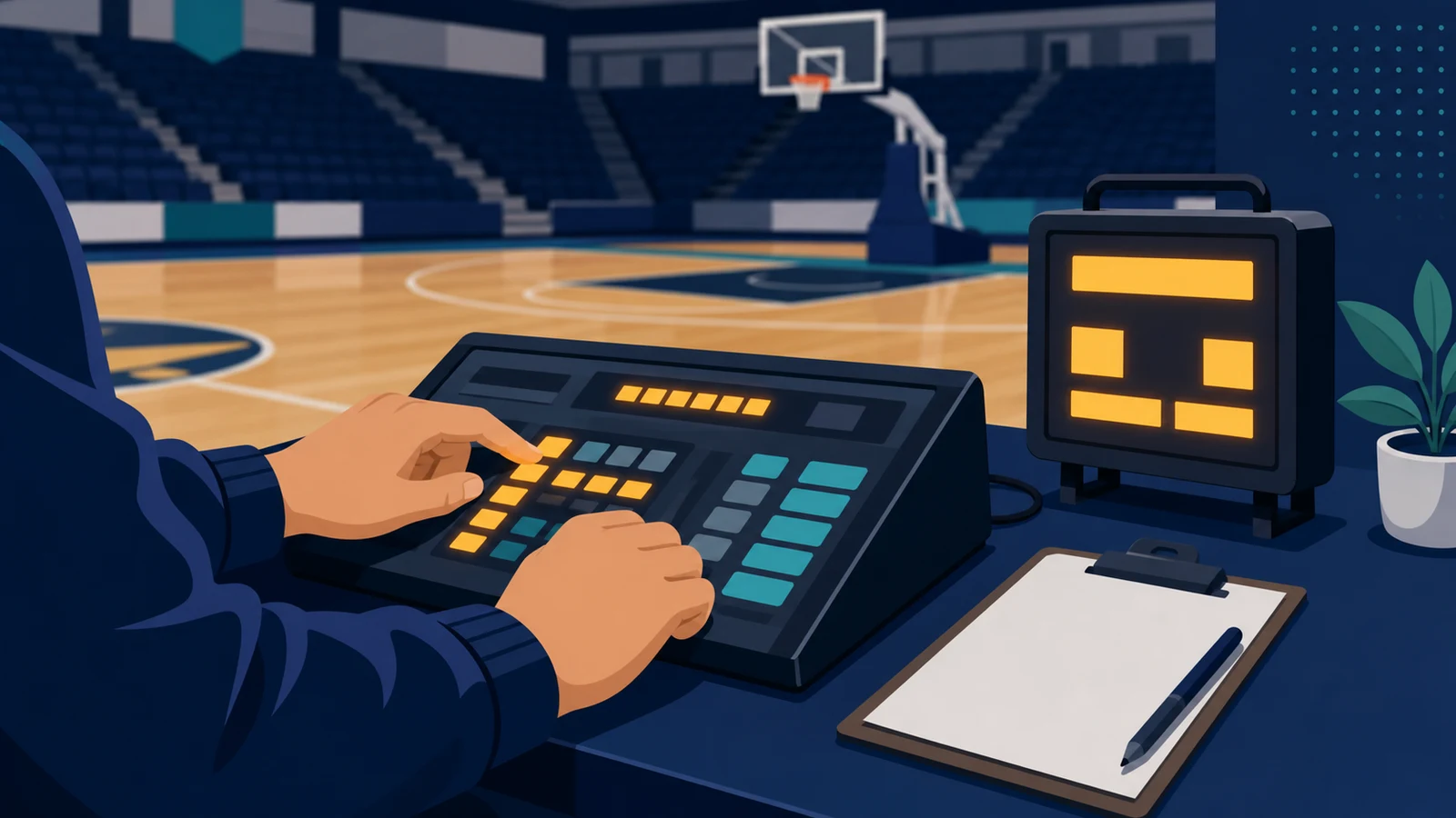 Scoreboard operator adjusting timing console settings in a college basketball gymnasium before a game