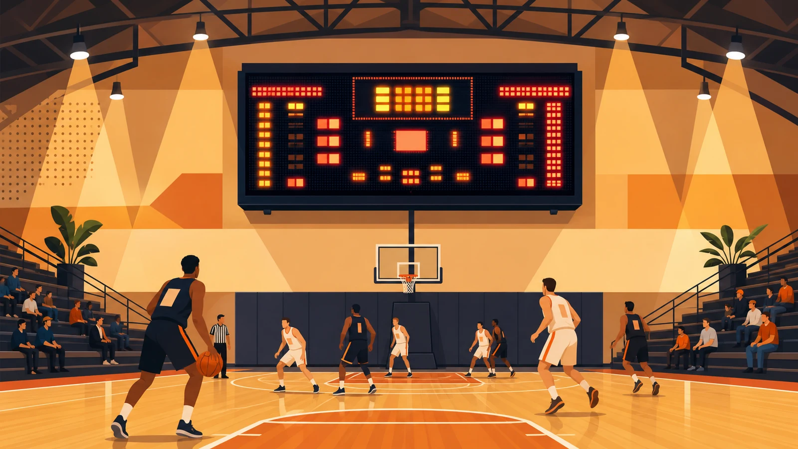 Indoor LED basketball scoreboard mounted on the end wall of a high school gymnasium during a live game