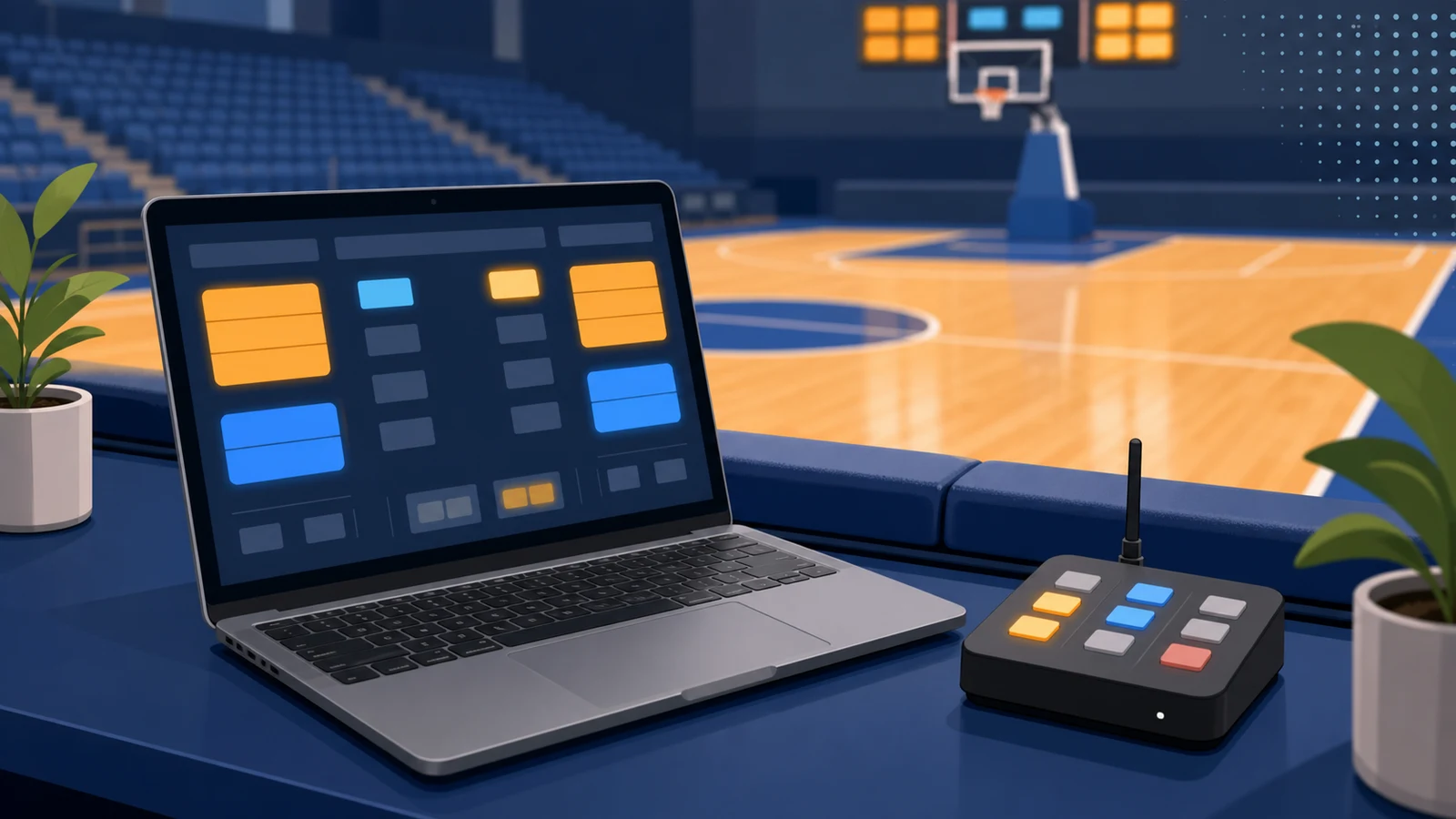 Wireless scoreboard control laptop at the scorer's table in a high school basketball gym