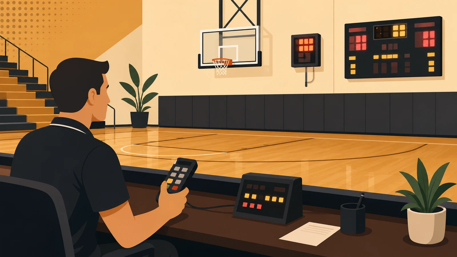Shot clock operator at a scorers table in a basketball gymnasium managing the controller console