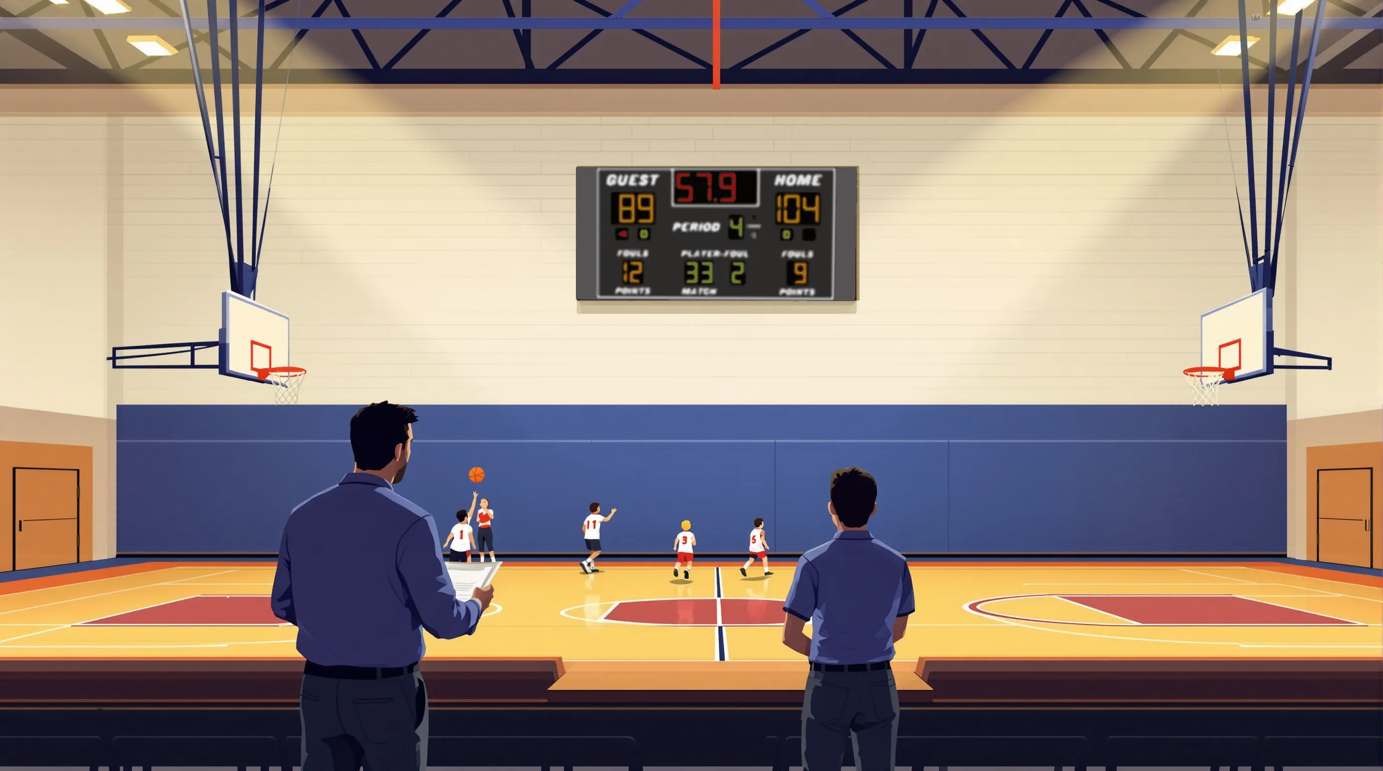 High school basketball gymnasium with a navy blue scoreboard mounted on the far end wall above the court