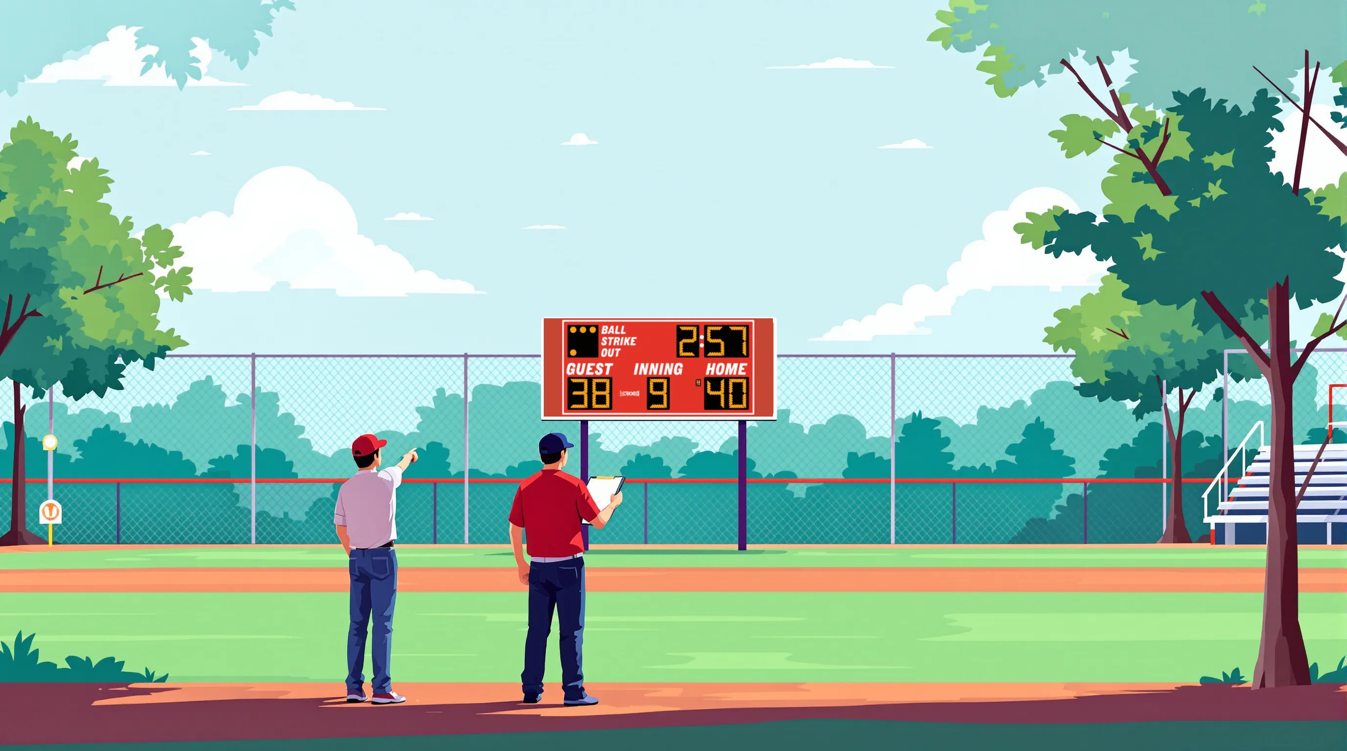 Flat 2D vector editorial illustration of two adults standing at the edge of a youth baseball field in a Cobb County park, reviewing a clipboard near the dugout. In the far background, a small outdoor scoreboard stands on two steel poles, its cabinet painted deep forest green, showing only a faint wash of red light across its face. A clear afternoon sky, green outfield grass, and chain-link fencing. No brand name visible. No phones or handheld controllers.