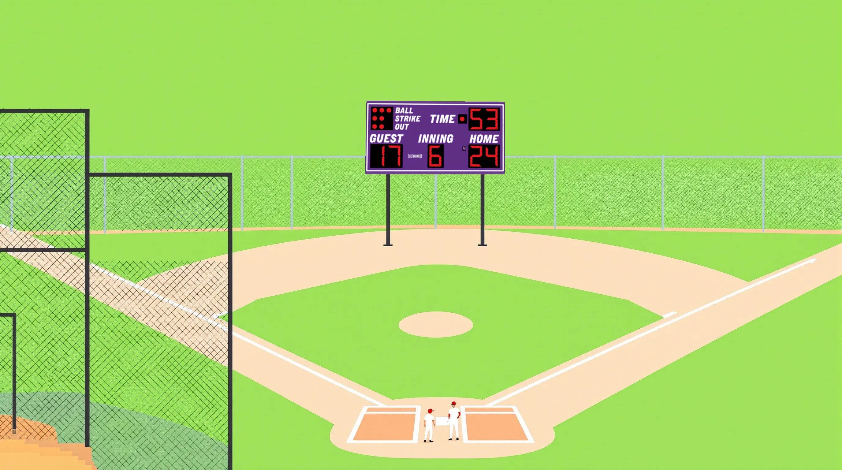 Flat 2D vector illustration of a baseball diamond with a small scoreboard display on the outfield fence