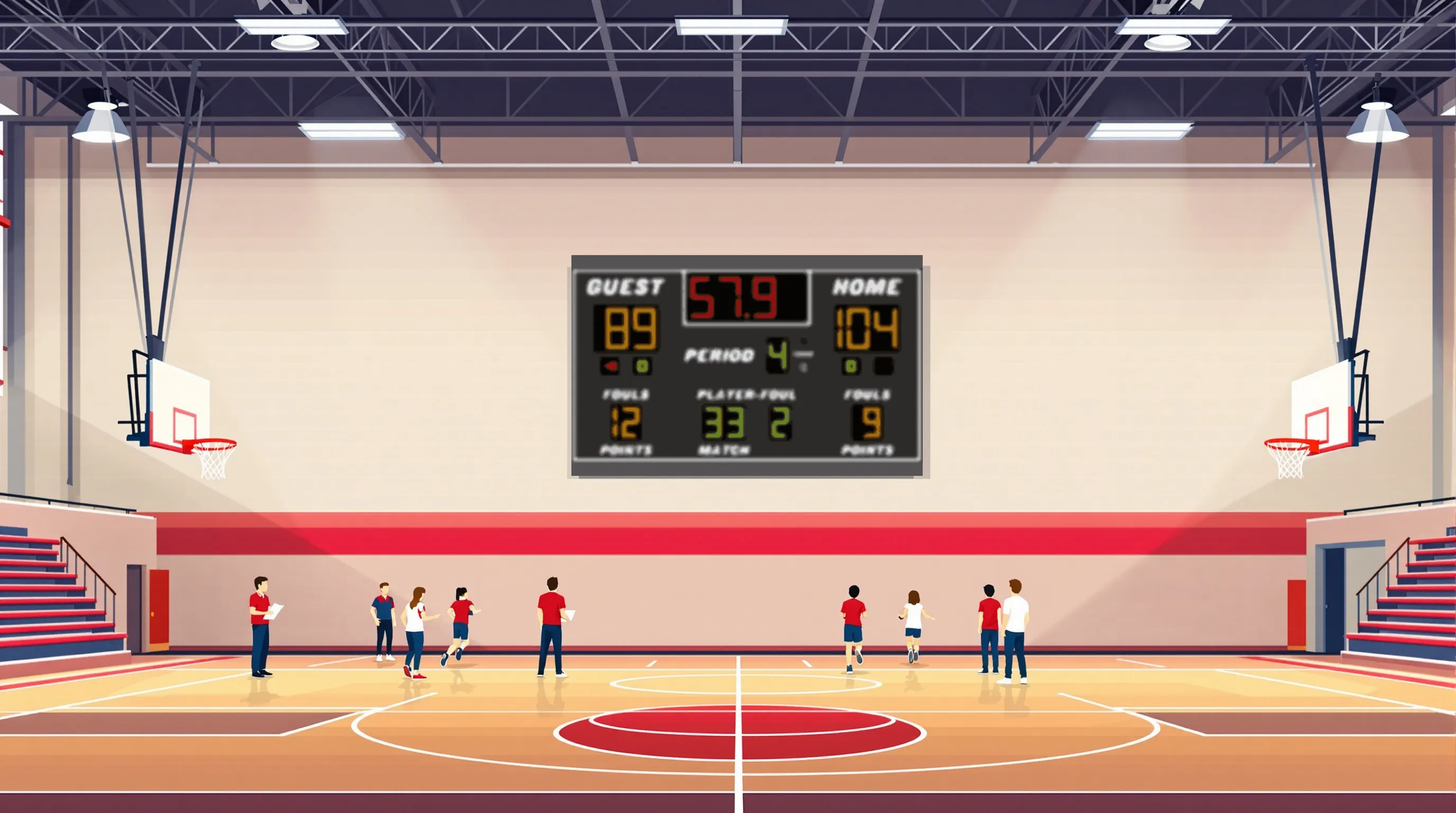 Interior of a high school gymnasium with an indoor scoreboard on the far end wall, flat 2D vector editorial illustration