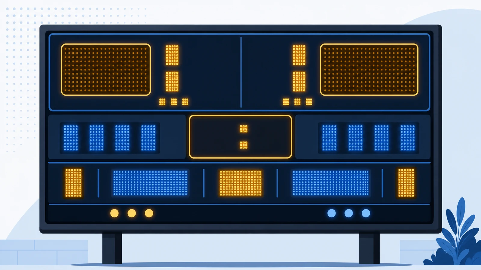 Close-up of an LED football scoreboard displaying game data including score, clock, and down and distance at a high school stadium