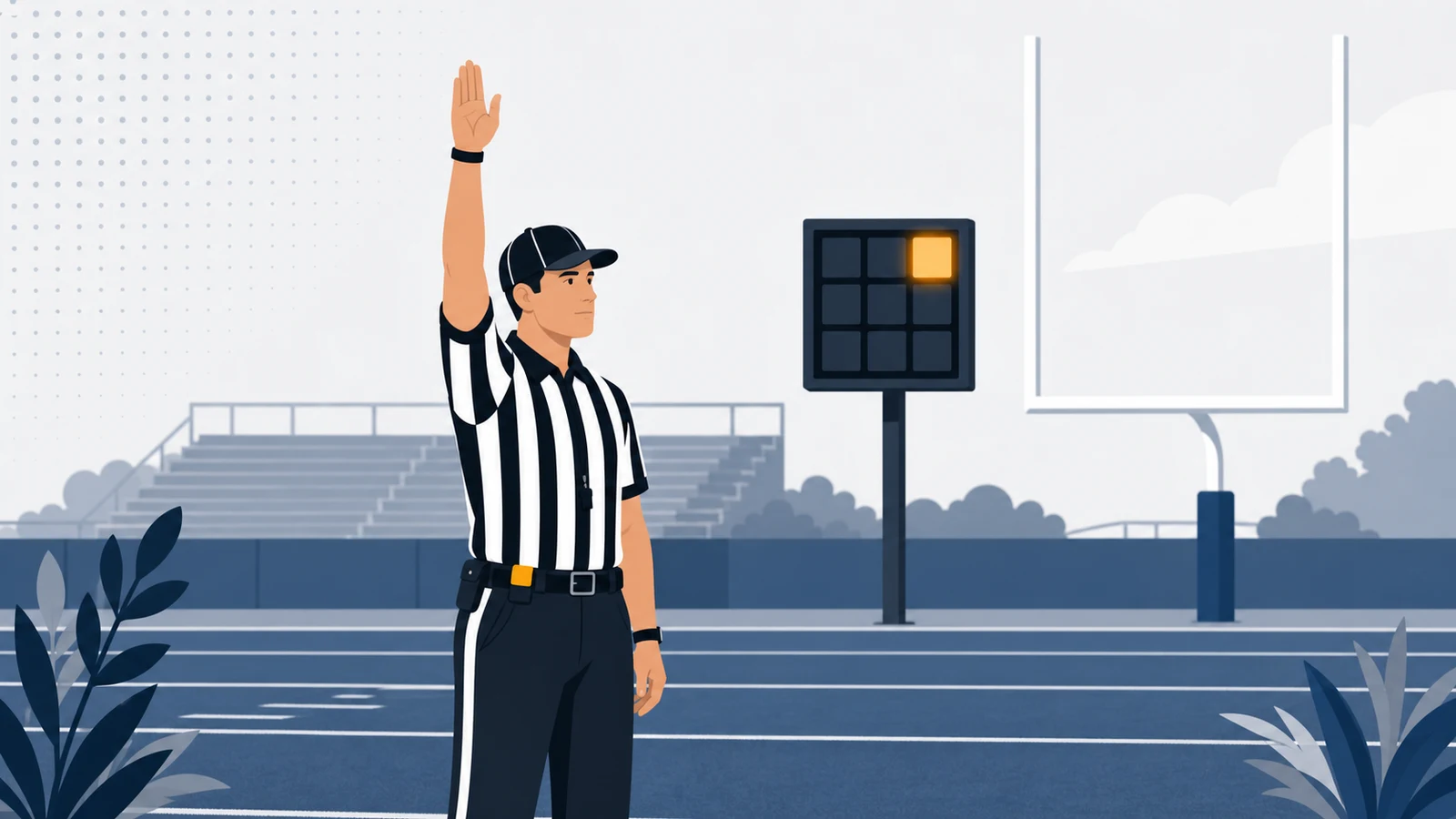Football referee raising arm to signal ready-for-play on a high school football field