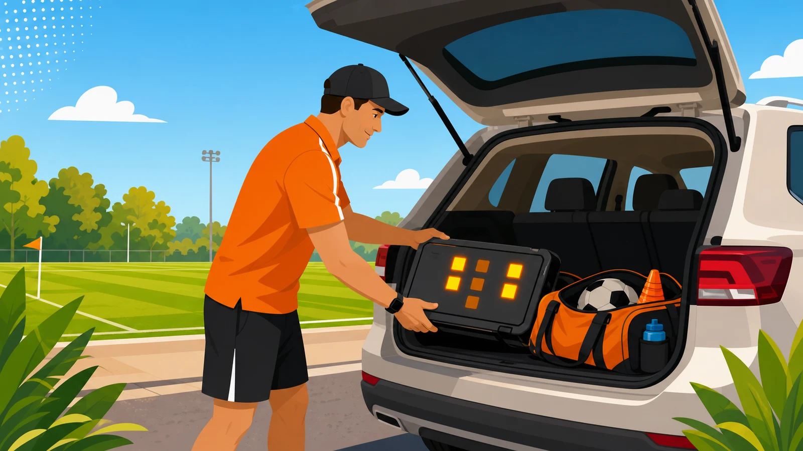A portable scoreboard being folded down and loaded into a car trunk with team gear