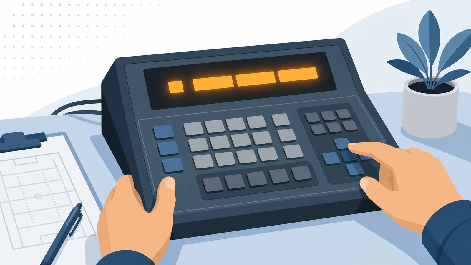 Football scoreboard console keypad showing segment timer mode configuration screen with countdown display