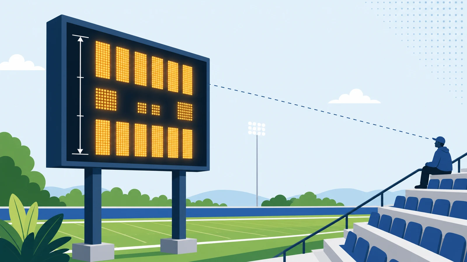 Illuminated LED football scoreboard displaying a score as viewed from home-side bleachers at dusk, illustrating how character height determines readability across stand depth