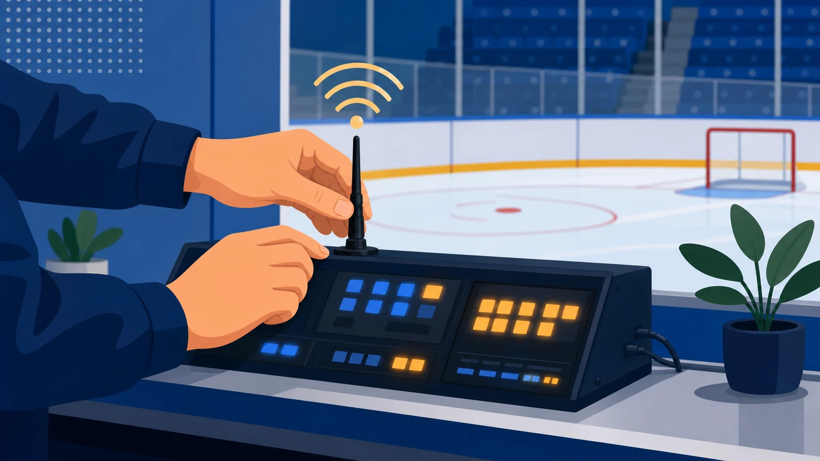 Technician repositioning a wireless antenna on a hockey scoreboard control console inside a rink equipment room