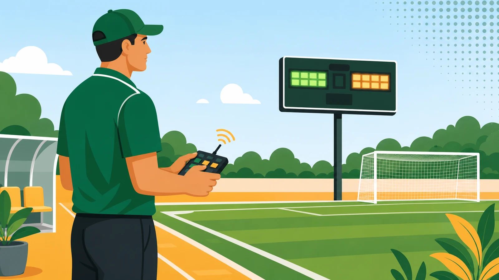 Athletic director operating a wireless soccer scoreboard controller on the sideline of a grass field