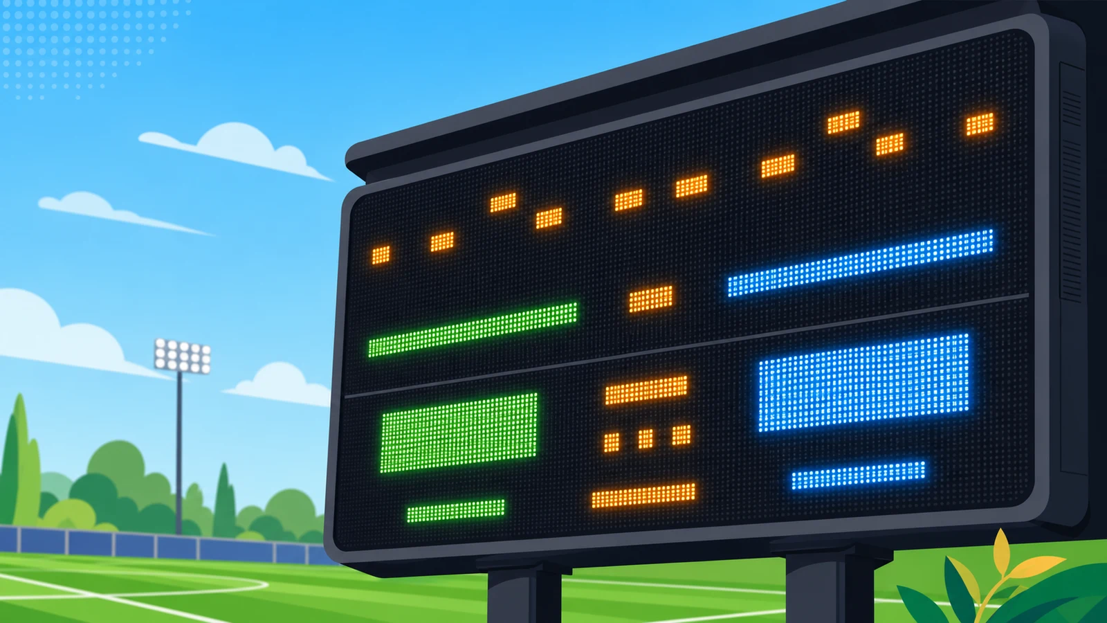 Close-up of LED soccer scoreboard showing score digits, count-up game clock at 43:12, and first-half period indicator