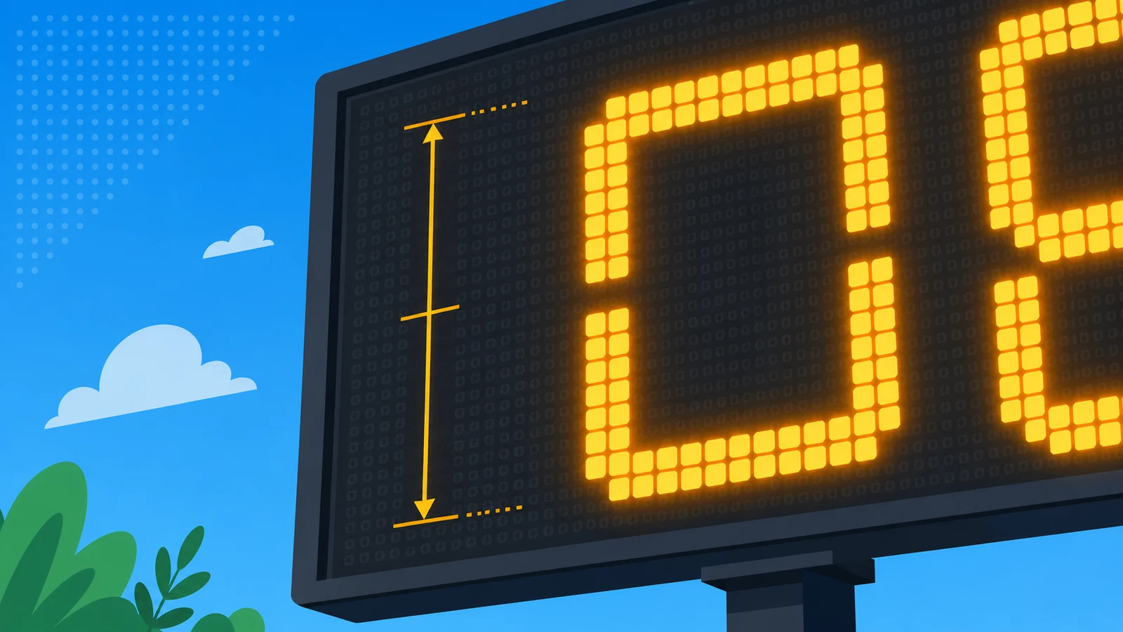 Close-up of large LED scoreboard digits showing how digit height drives readability across a soccer field