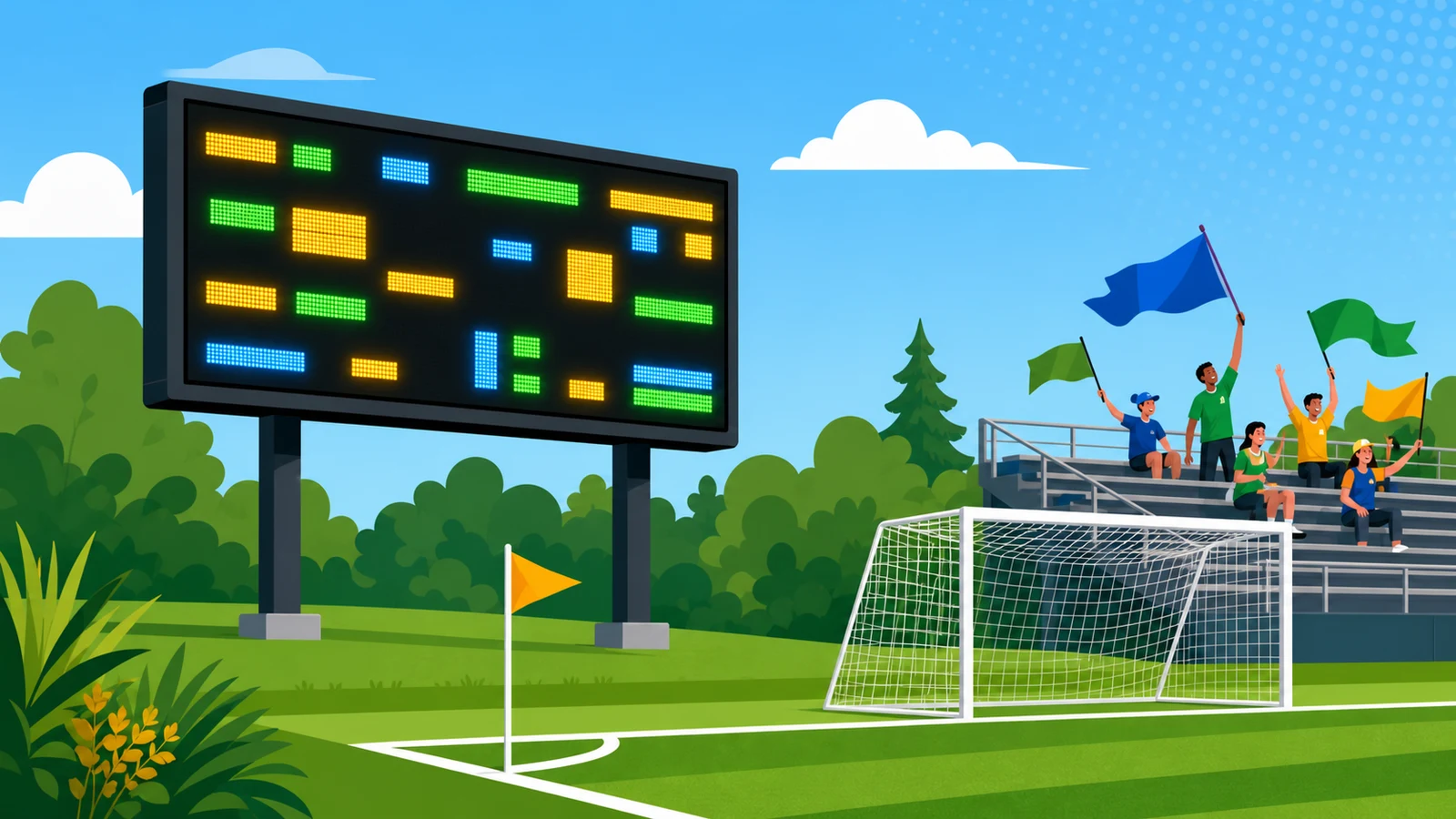 Outdoor LED soccer scoreboard at a high school athletic field displaying score and game clock at dusk