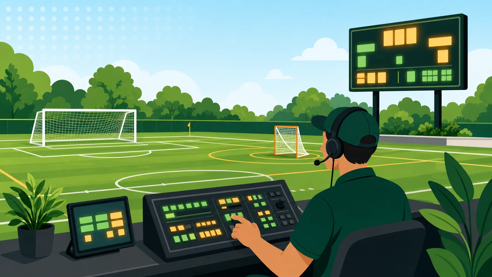 Scoreboard operator at a controller console on the sideline of a multi-use soccer and lacrosse field